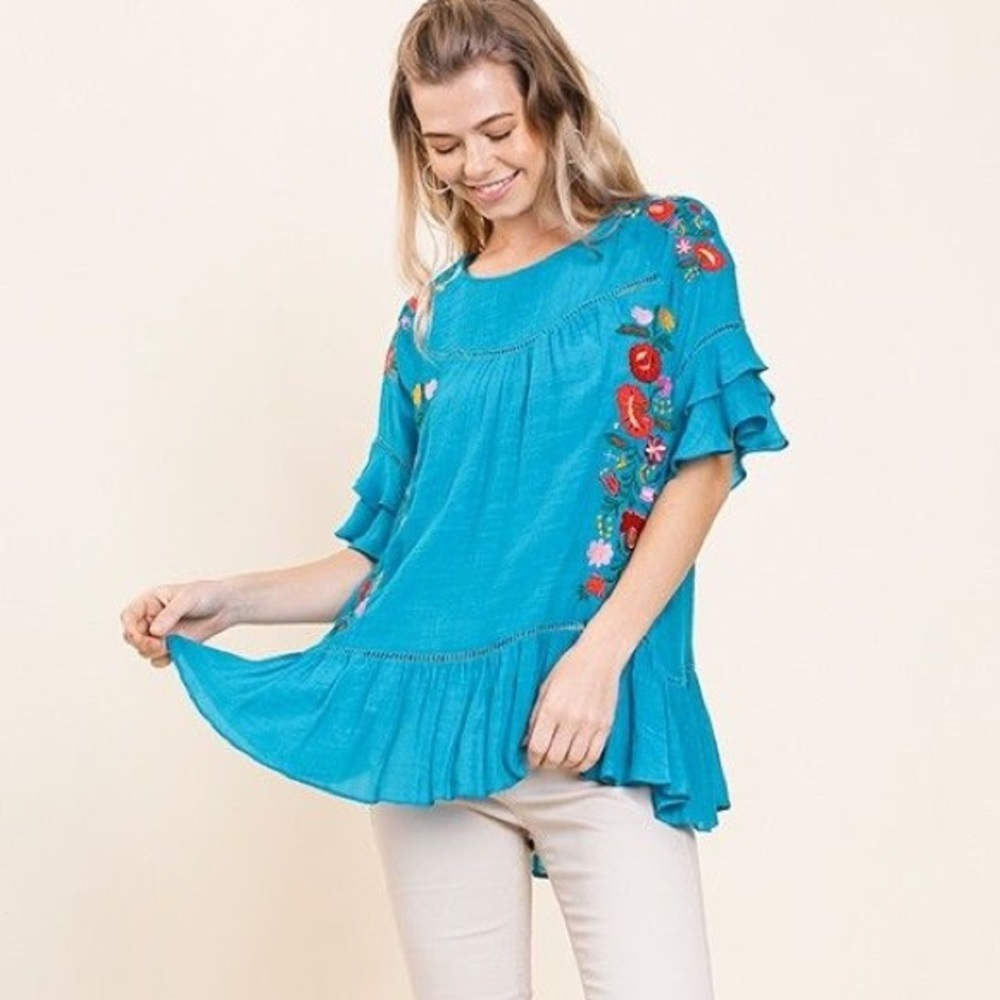 Umgee Blue Embroidered Floral Tier Sleeve Top